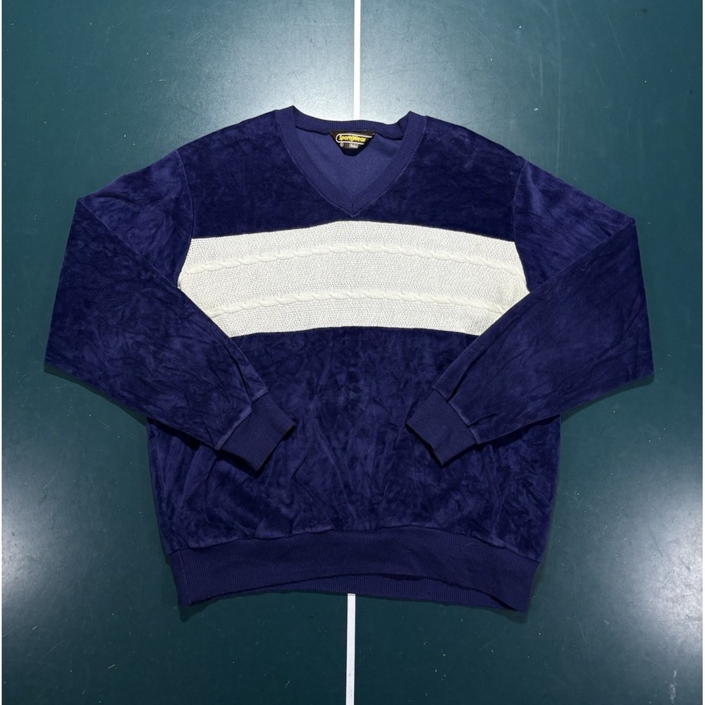 Vintage 80s Sears Velour Cable Knit V Neck Sweater Men's Large Navy Blue White
